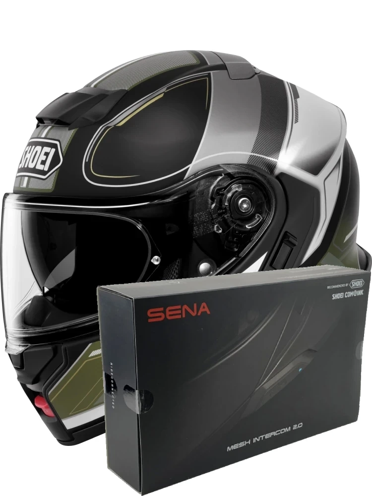 Zestaw: kask szczękowy Shoei Neotec 3 Sharpen TC-11 czarno-zielony + dedykowany interkom motocyklowy Sena SRL 3 + Gratisy