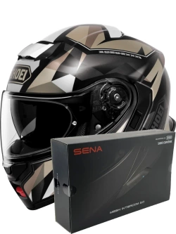 Zestaw: kask szczękowy Shoei Neotec 3 Fragments TC-10 brązowo-szary + dedykowany interkom motocyklowy Sena SRL 3 + Gratisy