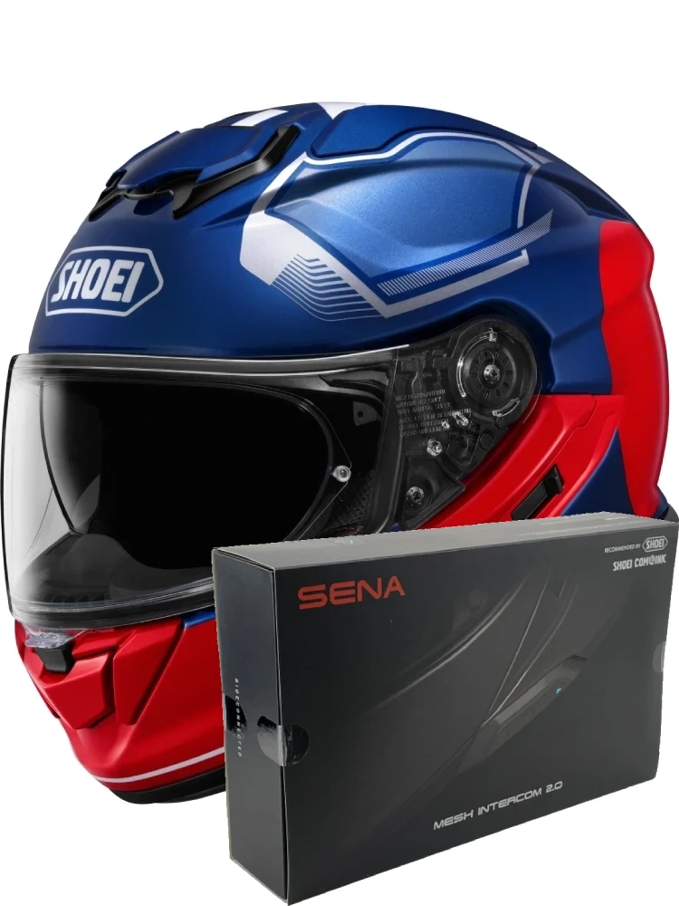 Zestaw: kask integralny Shoei GT-Air 3 Mike TC-2 niebiesko-czerwony + dedykowany interkom motocyklowy Sena SRL 3 + Gratisy