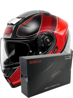 Zestaw: kask szczękowy Shoei Neotec 3 Sharpen TC-1 czerwono-czarny + dedykowany interkom motocyklowy Sena SRL 3 + Gratisy
